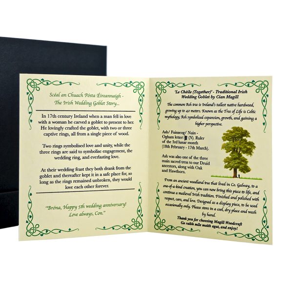 Traditional Irish wedding goblet story printed on a Celtic style card by Magill Woodcraft Ireland