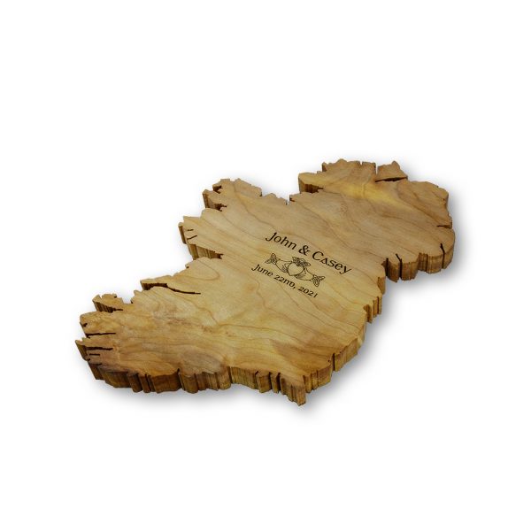 Handmade wooden map of Ireland engraved with bride & groom's names, date of wedding, & Claddagh ring symbol.