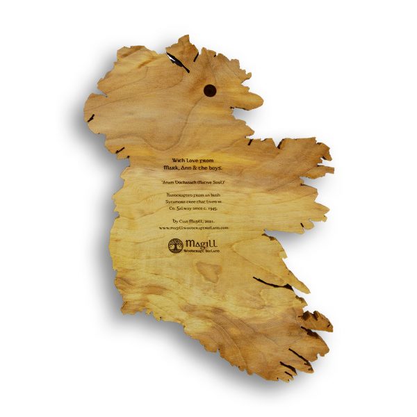 Handmade wooden map of Ireland engraved with bride & groom's names, date of wedding, & Claddagh ring symbol.