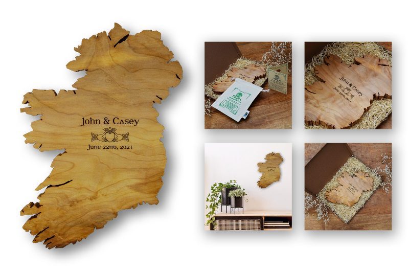 Celtic Claddagh Ring symbol and couple's names engraved onto an Irish wood gift wall map.