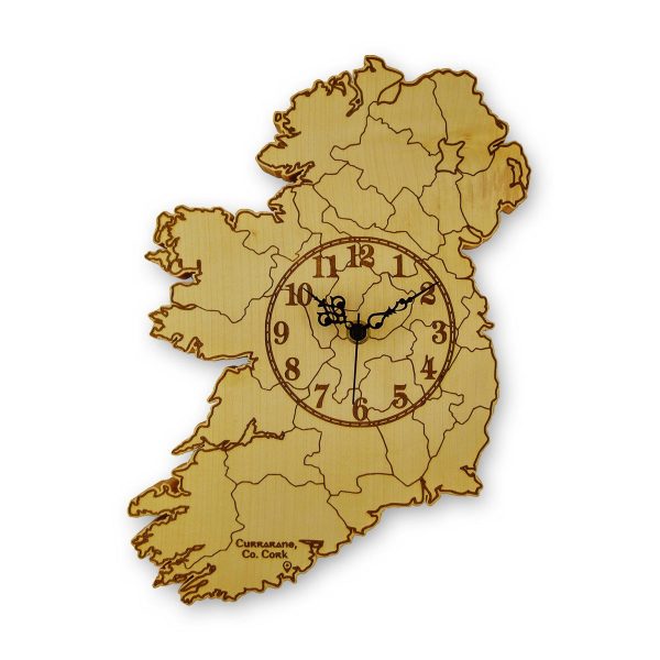 A wooden map of Ireland clock, engraved with Ireland's counties, its coastline, a clockface, and the words 'Currarane, Co. Cork'.