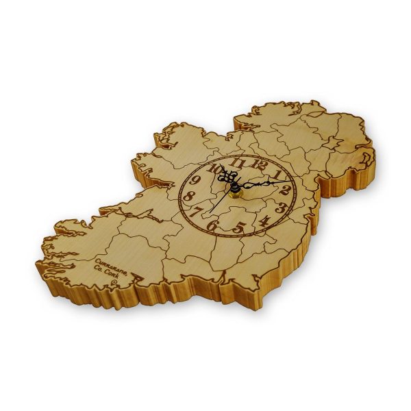 3D view of an Ireland map wood clock, engraved with Ireland's counties, its coastline, and the words 'Currarane, Co. Cork'.