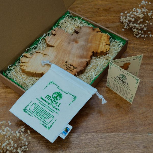 Magill Woodcraft Ireland screen-printed bag and info card beside wooden map of Ireland in cardboard gift box