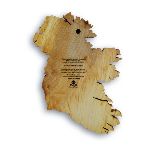 Handmade wooden map of Ireland back view with lazer engraved info and Magill Woodcraft logo