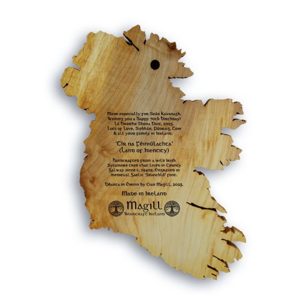 An Ireland map with surname engraved back view with a personalised message inscribed in old Irish font.