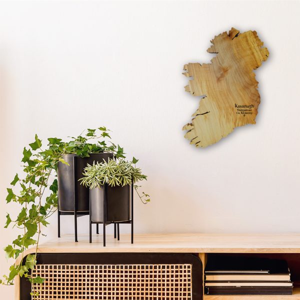 Personalised wooden map of Ireland on a wall abover a wooden desk with black plant pots of top.