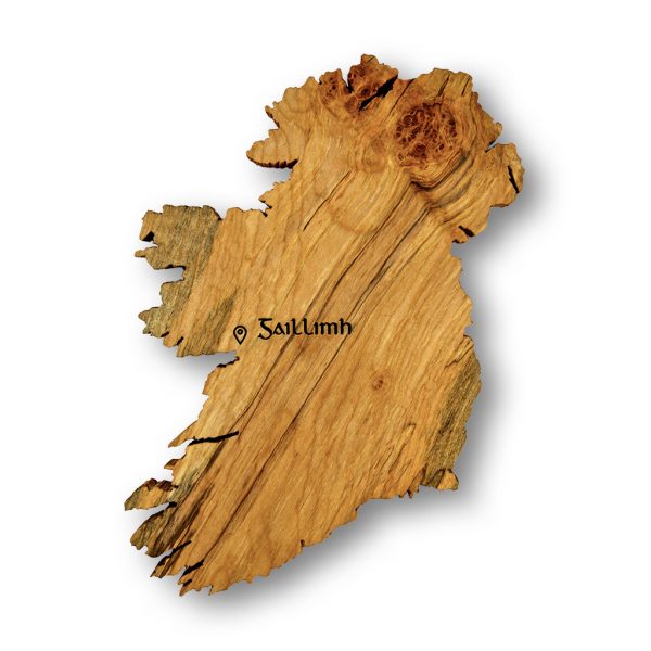 Handmade wooden map of Ireland wall art gift engraved with Gaelic word for Galway in old Irish font.