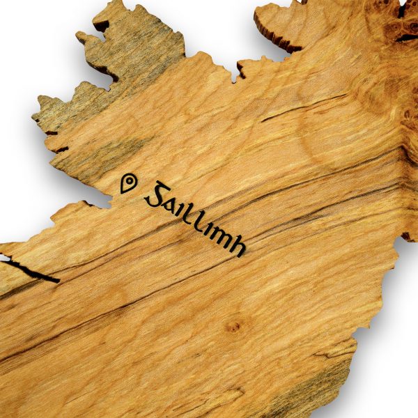 Personalised Irish gift - top view of a Ireland wood map inscribed with Irish word Galway in ancient Irish font.