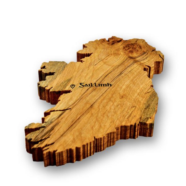 Handmade wood cut of Ireland engraved with Irish word for Galway using old Irish script.