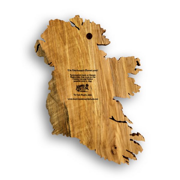 Back view of Ireland wood map with engraved info about story and Magill Woodcraft Ireland logo.