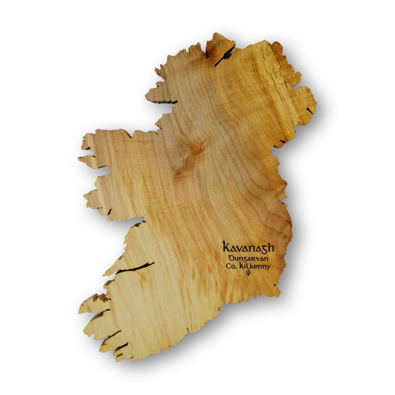Wooden map of Ireland engraved with surname and townland in ancient Irish font, front view.