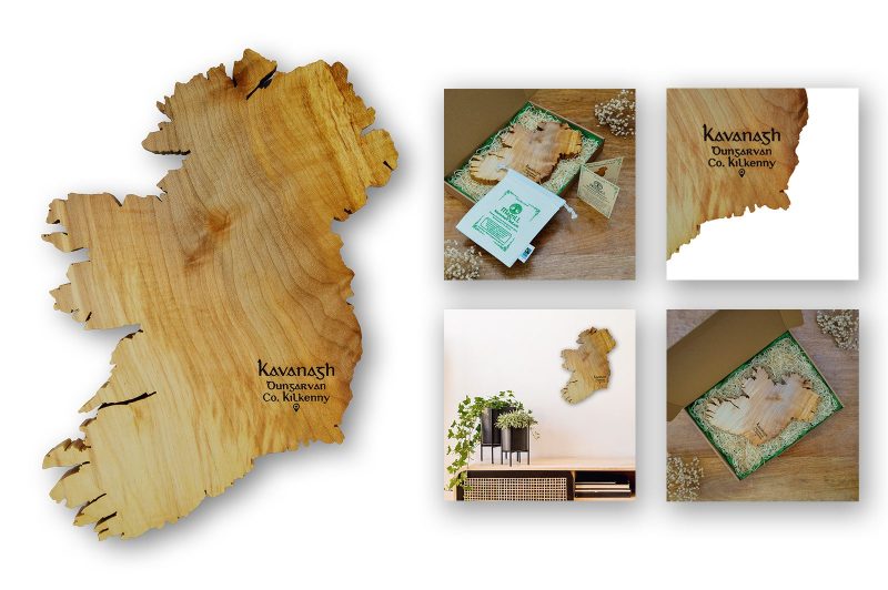 Irish wooden gift wall art which is a map of Ireland engraved with 'Kavanagh' and 'Dungarvan, Co. Kilkenny'.
