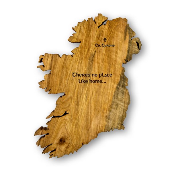 A handmade Ireland Wood Map Wall Decor with 'There's no Place like home' engraved on, in old Irish font.