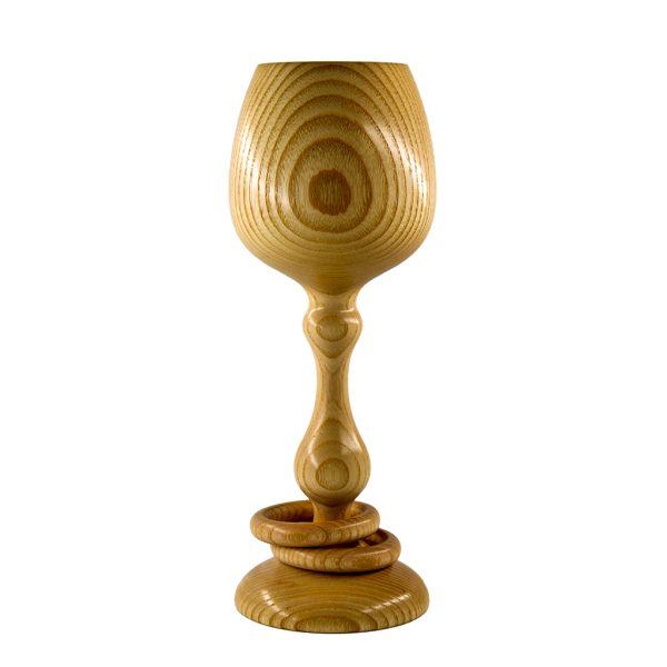 Woodturned round wooden Irish wedding goblet with captive rings around stem front view.