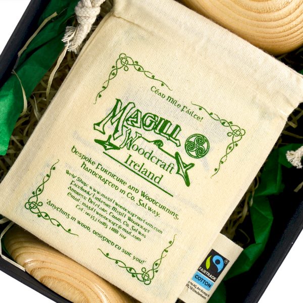 Magill Woodcraft Ireland cotton bag on wooden Irish wedding goblet in black gift box.