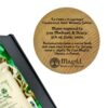 Base of wooden Irish wedding gobet engraved with bride & groom's names & date of wedding.
