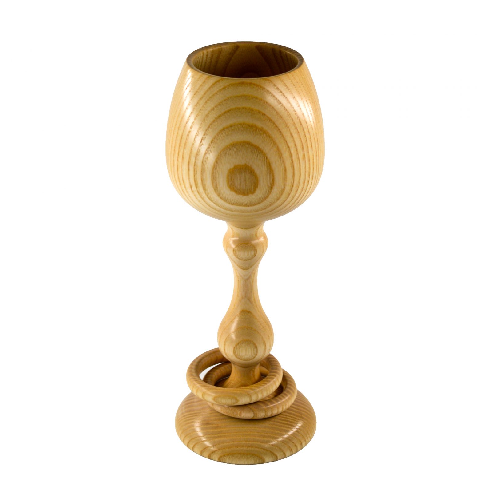 Tradiitonal Irish Wedding Goblets perspective front view.psd Irish wedding goblet made from wood with two captive rings around stem on a white background.