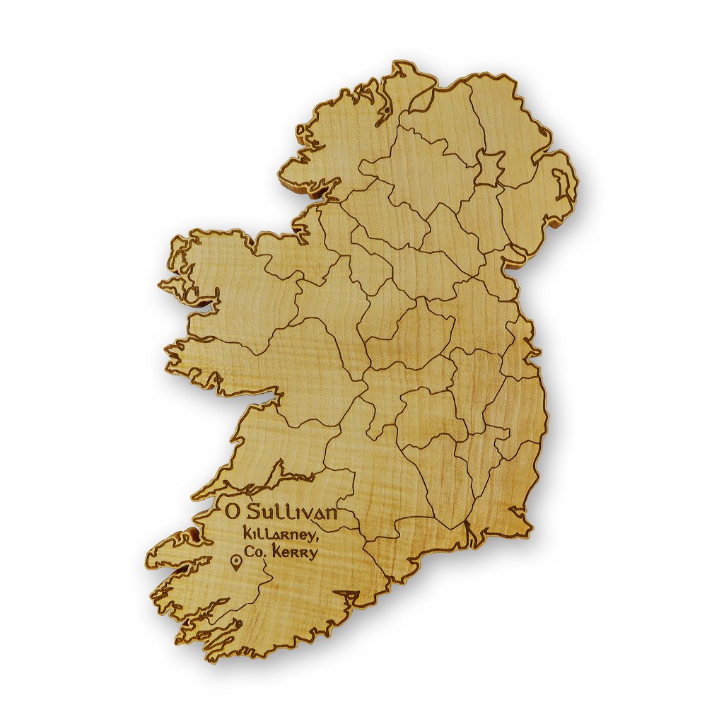A unique Irish wooden gift that is an Ireland Map engraved with counties.