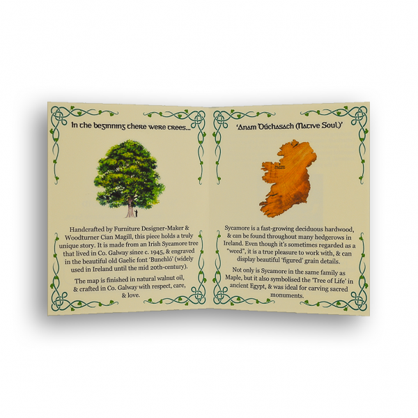 Info card with text about story for Magill Woodcraft wooden maps of Ireland with Celtic corners.