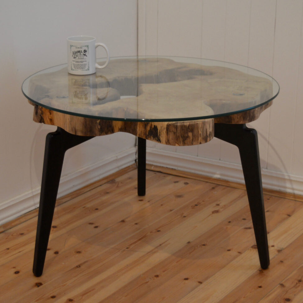 Unique Natural Wood Slab Coffee Table with 3 Modern Black legs. Round and Clear Glass Top