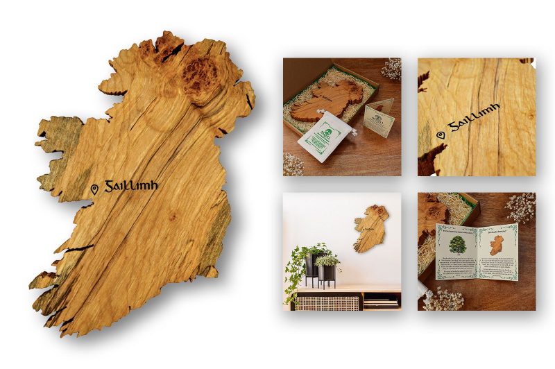 Unique Irish wooden gift that is a map of Ireland wall decor piece, engraved with the Gaelic word for Galway - 'Gaillimh'), handmade by Magill Woodcraft Ireland.